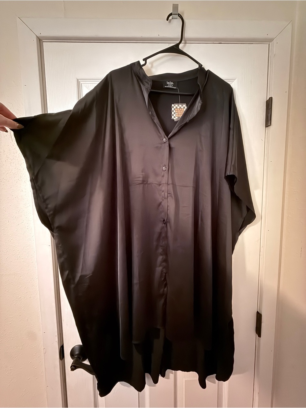 Dressed in LALA Black Satin button up tunic